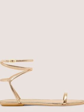 Stuart Weitzman Merina Metallic Gold Leather Ankle Wrap Minimalist Sandals 8